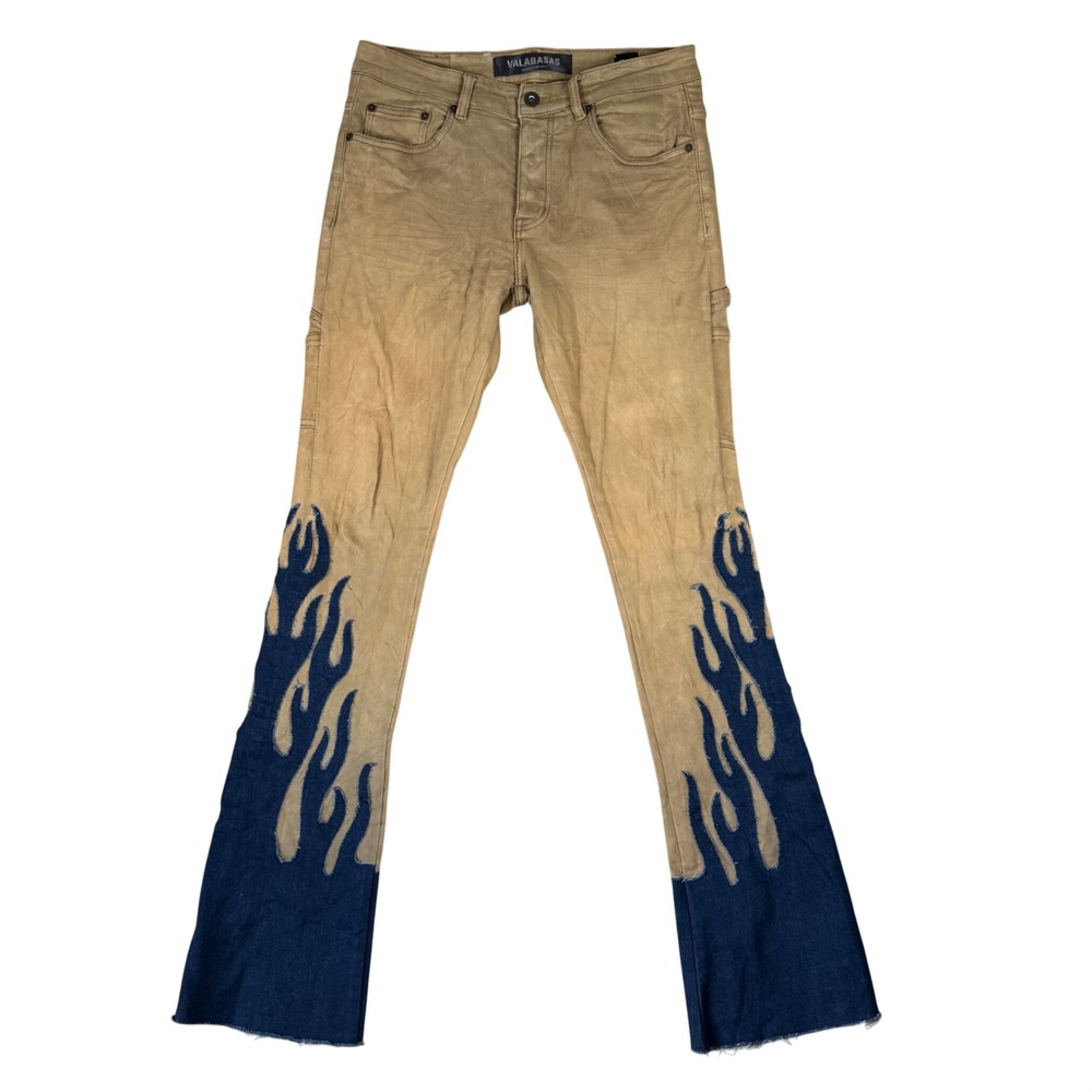 Valabasas Mens Khaki Blue Flame Patchwork Flare Jeans 32x36 Slim Fit Button Fly